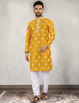 Yellow cotton silk embroidered straight men kurta 1