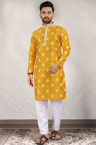Yellow cotton silk embroidered straight men kurta