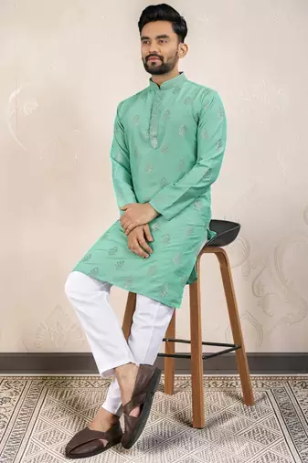 Sea green silk embroidered straight men kurta