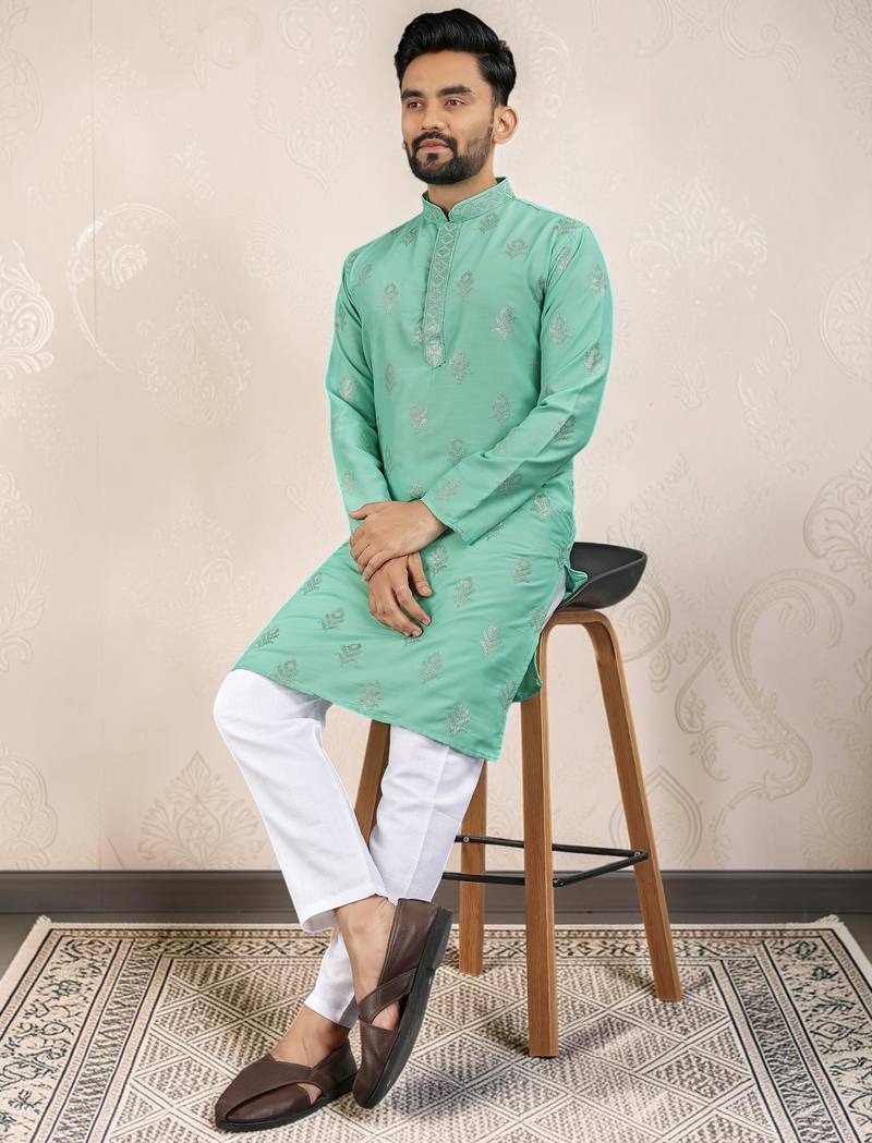 Sea green silk embroidered straight men kurta