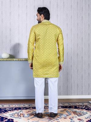 Yellow embroidered silk straight men kurta 5