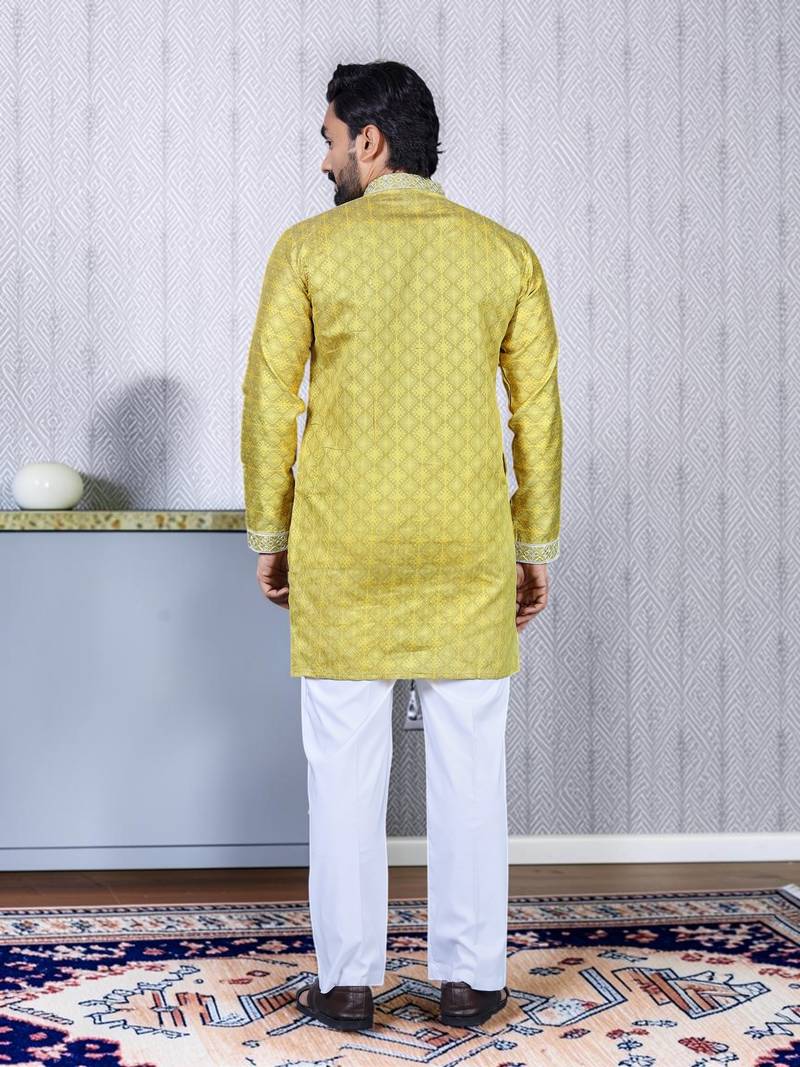 Yellow embroidered silk straight men kurta