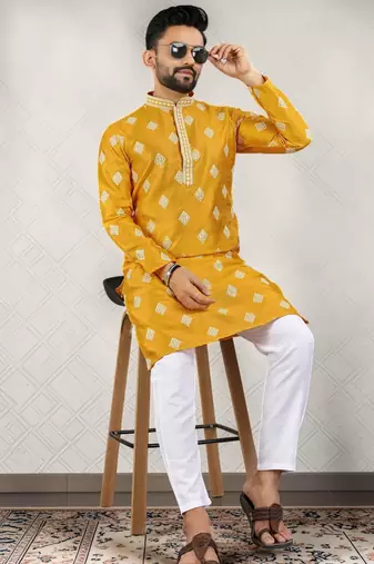 Yellow cotton silk embroidered straight men kurta