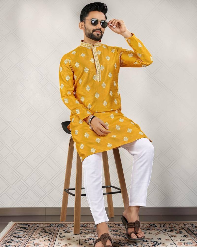 Yellow cotton silk embroidered straight men kurta