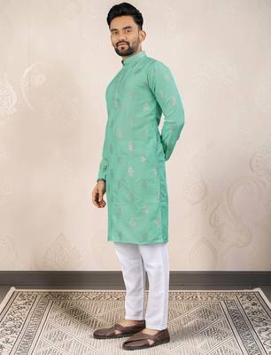 Sea green silk embroidered straight men kurta 5