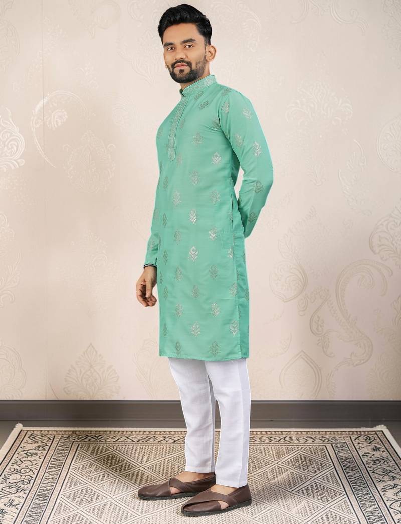 Sea green silk embroidered straight men kurta