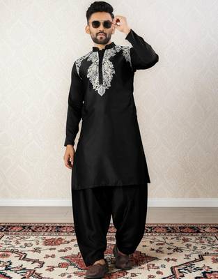 Black embroidered satin silk straight men kurta 1