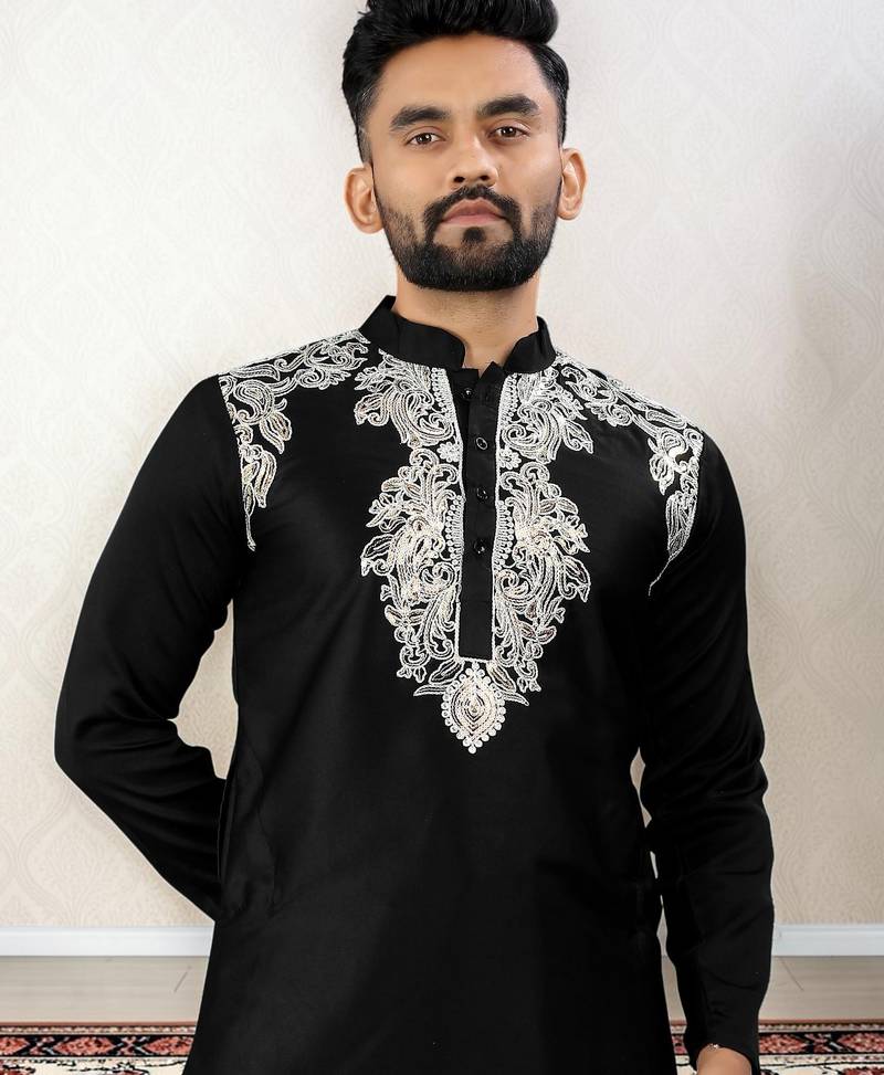 Black embroidered satin silk straight men kurta