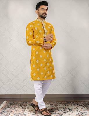 Yellow cotton silk embroidered straight men kurta 4