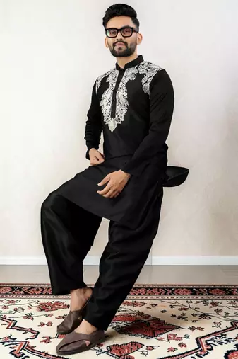 Black embroidered satin silk straight men kurta