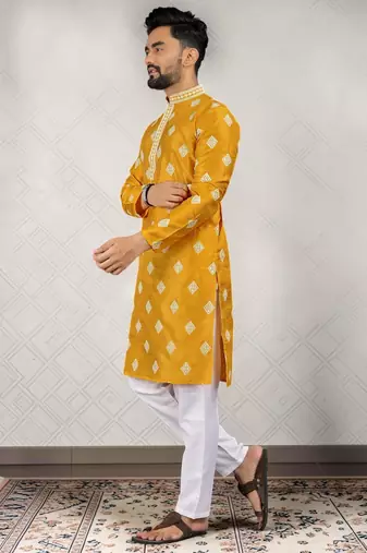 Yellow cotton silk embroidered straight men kurta