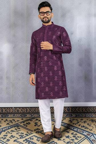 Purple silk sequence embroidered men kurta