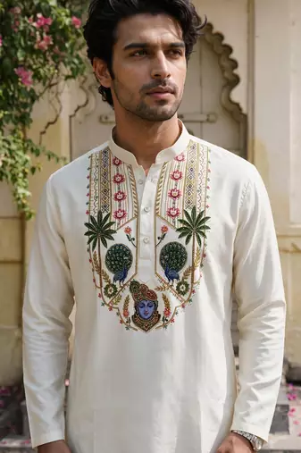 Multicolor stone work printed neck  men kurta