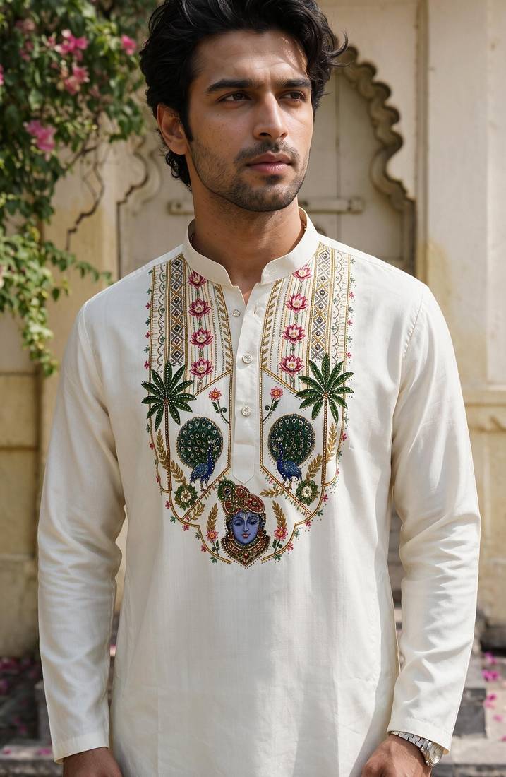 Multicolor stone work printed neck  men kurta