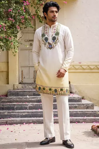 Multicolor stone work printed neck  men kurta