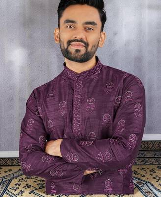 Purple silk sequence embroidered men kurta 2