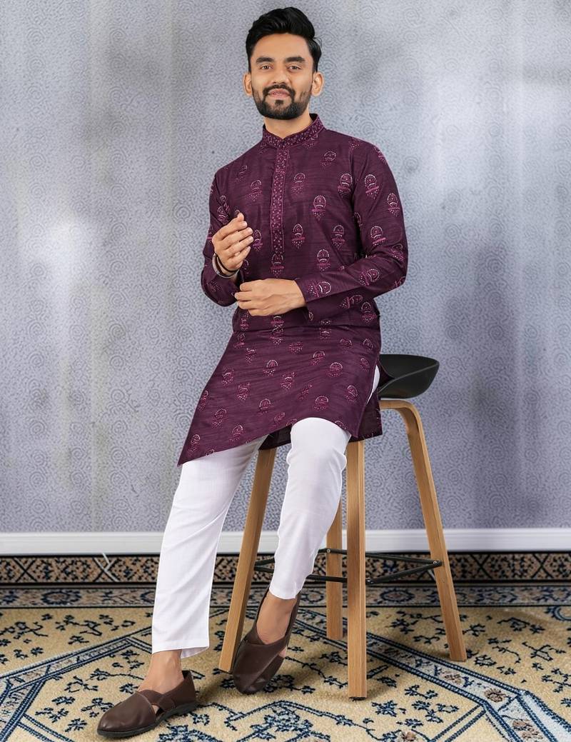 Purple silk sequence embroidered men kurta