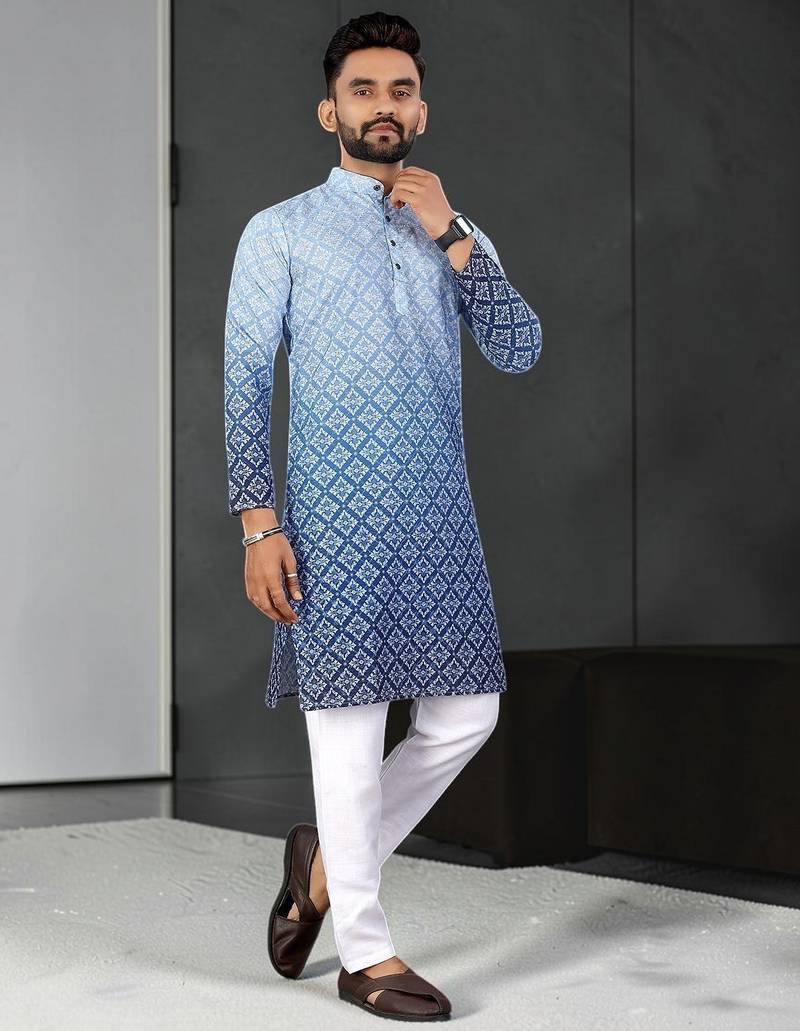 Multi color digital printed straight men kurta