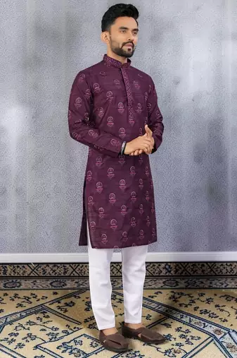 Purple silk sequence embroidered men kurta