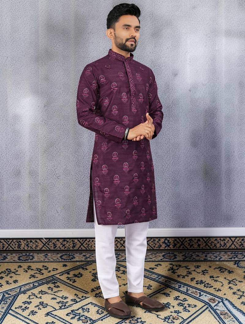 Purple silk sequence embroidered men kurta