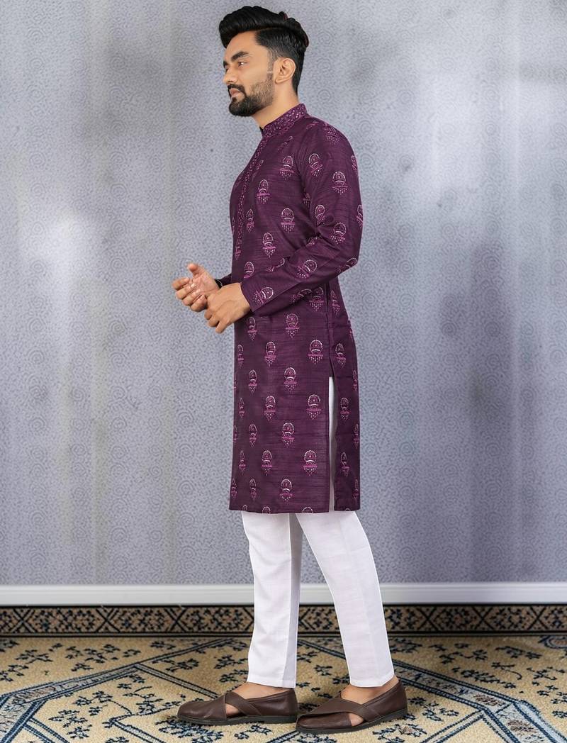 Purple silk sequence embroidered men kurta