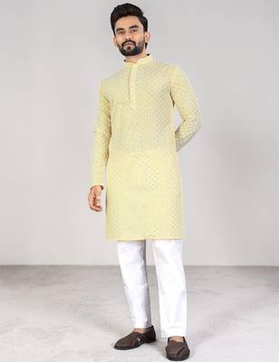 Yellow chikankari embroidered art silk straight men kurta 1