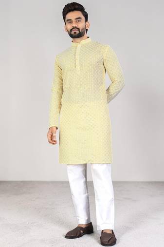 Yellow chikankari embroidered art silk straight men kurta