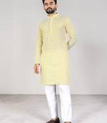 Yellow chikankari embroidered art silk straight men kurta