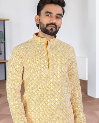 Yellow chikankari embroidered art silk straight men kurta 2