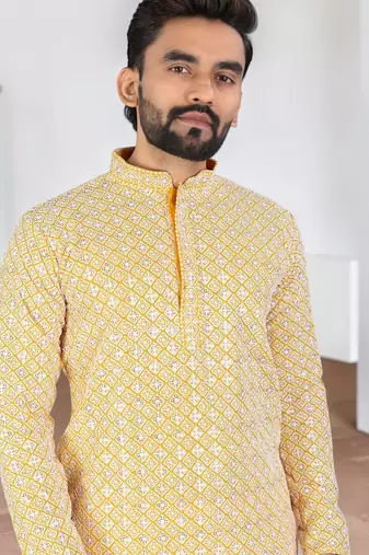 Yellow chikankari embroidered art silk straight men kurta
