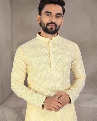 Yellow chikankari embroidered art silk straight men kurta 2