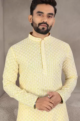 Yellow chikankari embroidered art silk straight men kurta