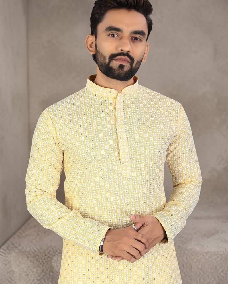Yellow chikankari embroidered art silk straight men kurta