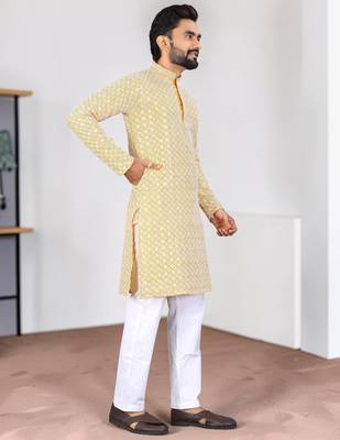 Yellow chikankari embroidered art silk straight men kurta 4