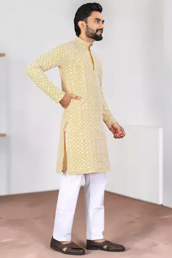 Yellow chikankari embroidered art silk straight men kurta