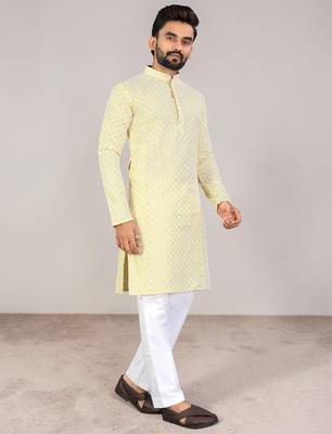 Yellow chikankari embroidered art silk straight men kurta 3