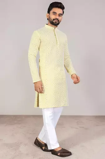 Yellow chikankari embroidered art silk straight men kurta