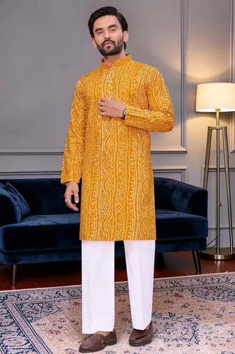Yellow bandhej printed straight men kurta with foil work