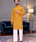Yellow bandhej printed straight men kurta with foil work