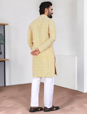 Yellow chikankari embroidered art silk straight men kurta 5