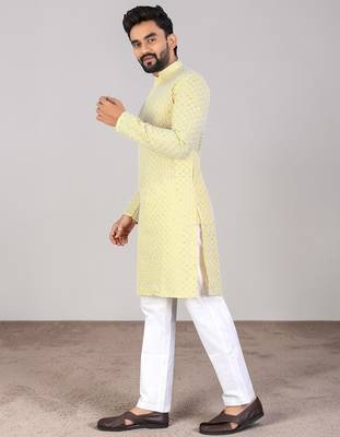 Yellow chikankari embroidered art silk straight men kurta 4