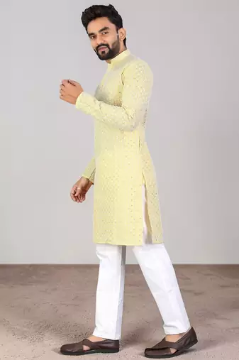 Yellow chikankari embroidered art silk straight men kurta