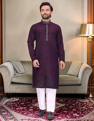 Purple solid linen silk straight men kurta 1