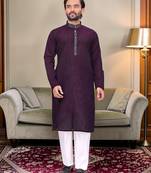 Purple solid linen silk straight men kurta