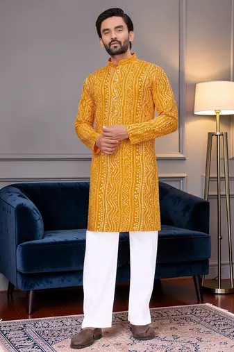 Yellow bandhej printed straight men kurta with foil work
