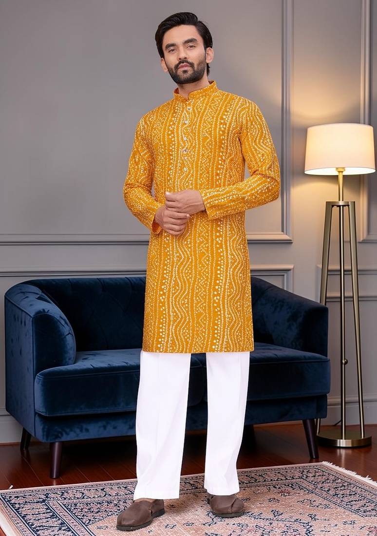 Yellow bandhej printed straight men kurta with foil work