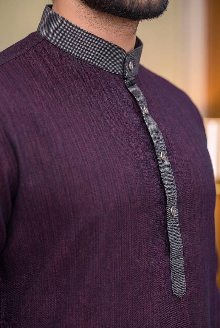 Purple solid linen silk straight men kurta