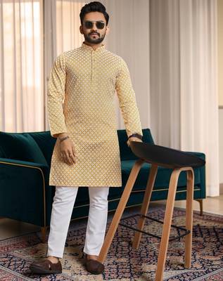 Yellow chikankari embroidered art silk straight men kurta 1