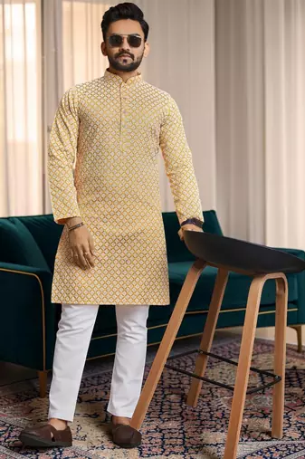 Yellow chikankari embroidered art silk straight men kurta