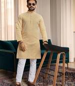 Yellow chikankari embroidered art silk straight men kurta